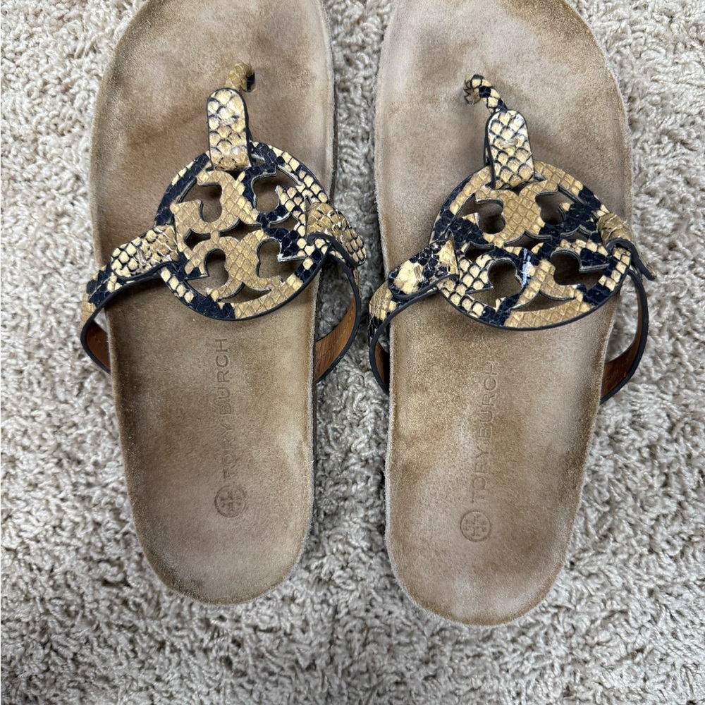 Tory Burch Black and Gold Snakeskin Slides
